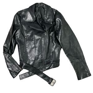 Tahari‎ Black Faux Leather Belted Biker Zip Casual Moto Jacket